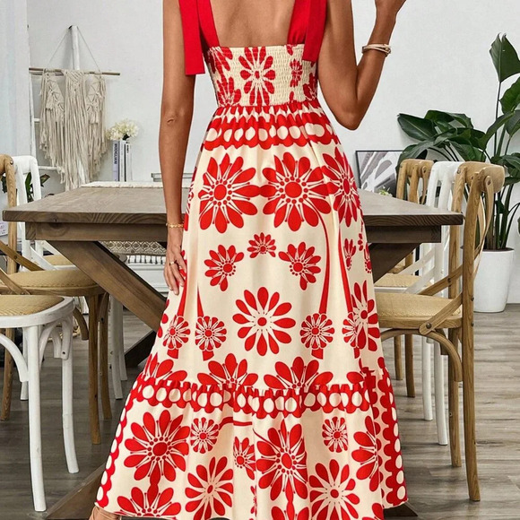 White Casual Women's Floral Print Shoulder Strap Cinched Waist Long Maxi Dress - Picture 2 of 6